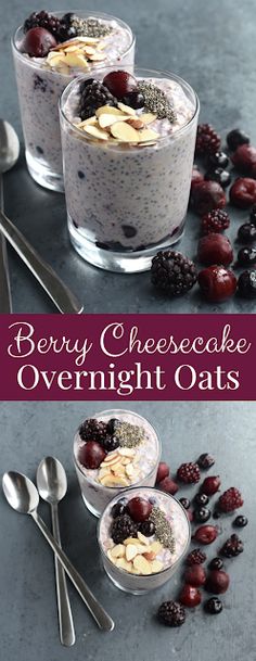 berry cheesecake overnight oats in small bowls with spoons and berries on the side