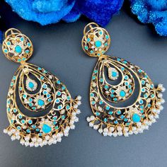 statement gold earrings Elegant Turquoise Kundan Earrings, Turquoise Kundan Earrings For Festivals, Turquoise Kundan Chandbali Earrings, Festive Kundan Turquoise Earrings, Turquoise Kundan Earrings For Wedding, Festive Turquoise Kundan Earrings, Turquoise Earrings For Festive Occasions, Elegant Turquoise Earrings For Festivals, Elegant Turquoise Earrings For Festive Occasions