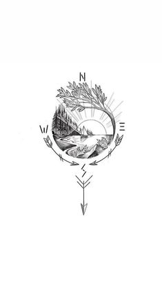 a compass with trees and mountains in the middle, on top of it is an arrow pointing