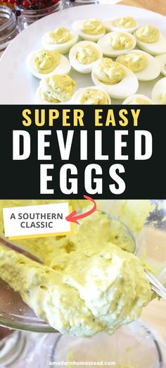 deviled eggs on a plate with the words super easy deviled eggs in front