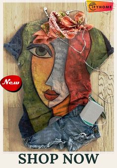 Crew Neck Casual Short Sleeve Printed Top India And Pakistan, America And Canada, Abstract Faces, Summer Colors, Abstract Print, South America, Summer Casual, Fashion Prints, Batik