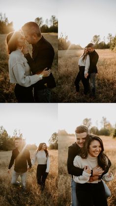 a man and woman are hugging in the field