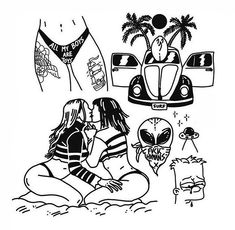 two women in bikinis sitting on the beach next to an alien car and palm trees