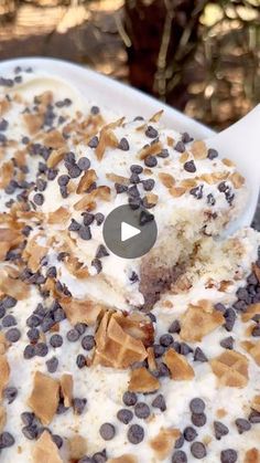 a close up of a dessert in a pan with chocolate chips and marshmallows