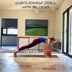 a woman is doing a yoga pose in front of a table with the words, chakraranga drill with blocks