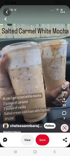 two cups of coffee sitting on top of a car dashboard with the caption saying salted caramel white mocha