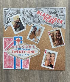 a cork board covered in photos and magnets with the words welcome to twenty - one written on it