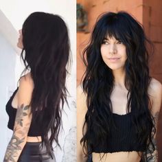 19-Long black irregular Hair Color For Black Hair, Lace Wig, Hair Dos, Curly Hair Styles Naturally, Long Black, Hairstyles With Bangs