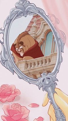 the beauty and the beast character is looking at herself in a mirror with roses around it