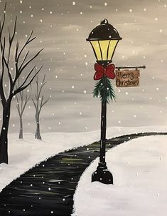 a painting of a street light in the snow with a sign that says merry christmas