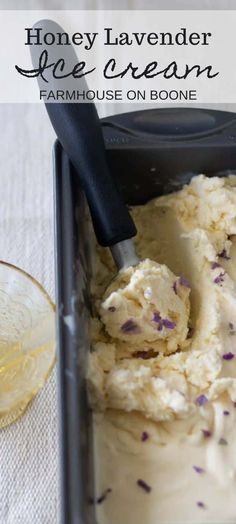 homemade lavender ice cream in a pan with a spoon