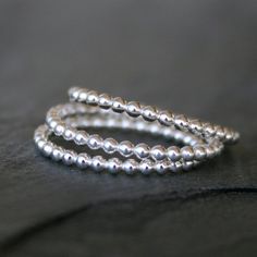 Three Sterling Silver Bead Band Rings, Stackable Set of Three, Stacking Beaded Dot Rings Spacer Band Minimalist Silver Rings With Round Beads, Adjustable Ring With Silver Beads, Silver Rings With Spacer Beads As Gift, Silver Rings For Gifts, Adjustable Stackable Silver Bands, Set Of Rings, Rings Hand, Bead Rings, Bubble Ring