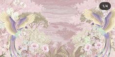 an image of a pink wallpaper with birds and flowers on it's border