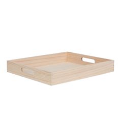 a wooden tray with handles on white background