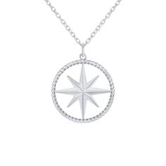 Polaris, or the North Star, can be seen at any hour of the night, at any time of the year in the Northern Hemisphere to help you find the northern direction. Keep this sign of the anchor of the northern sky and symbol of truth, spirit and hope around your neck to help guide you or your loved ones at all times. Product Information Metal Type: 10k or 14k Yellow/Rose/White Weight: 10k - 1.7 g | 14k - 1.8 g Pendant Size: Height - 26mm | Width - 23mm Chain Type: Rolo Chain SKU: TKM1041 Celestial Star-shaped Jewelry With Compass Design, Engraved Star White Gold Necklace, Sterling Silver Star-shaped Jewelry With Compass Design, Celestial Compass Design Round Necklaces, White Gold Compass Medallion Necklace, White Gold Medallion Necklace With Compass Design, Sterling Silver White Gold Compass Necklace, Sterling Silver White Gold Necklace With Compass Design, White Gold Compass Pendant Necklace