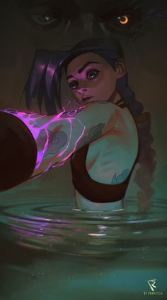 a woman in the water with her arm wrapped around her body and eyes glowing purple