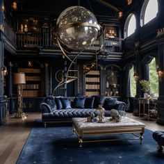 an elegant living room with blue walls and flooring, large chandelier above the couch