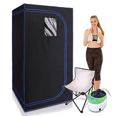 a woman standing next to a portable shower