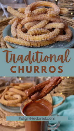 there is a plate with churros on it and the title reads traditional churros