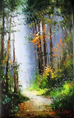 an oil painting of a path in the woods