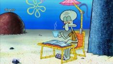 a cartoon character sitting in a chair under an umbrella reading a book and drinking coffee