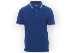 BLUE  Men's short-sleeved polo shirt with 3 white buttons, fine contrasting collar and sleeve trim, rib collar and sleeve edging, side vents with reinforced seams, concealed collar stitching, side reinforcement tape, stretch seams, inner neck tape. MATERIAL: 100% cotton WEIGHT: 210 g/m² Classic Short Sleeve Polo Shirt With Striped Collar, Navy Short Sleeve Polo Shirt With Ribbed Collar, Blue Polo Shirt With Striped Collar, Blue Collared T-shirt With Ribbed Collar, Navy Polo Shirt With Contrast Collar, Short Sleeve, Navy Polo Shirt With Contrast Collar, Blue Polo Shirt With Collar And Placket, Blue Polo Shirt With Collar Placket, Blue Polo Shirt With Collar