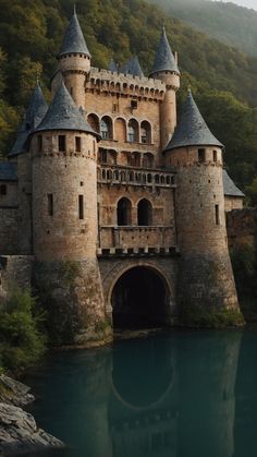 an old castle sitting on the side of a river