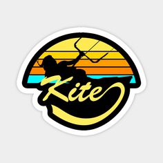 a sticker with the words kite in front of an image of a person on a surfboard