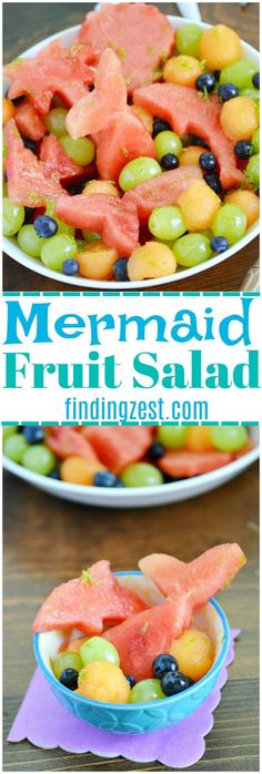 two plates filled with fruit salad on top of a wooden table