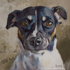 a painting of a black and white dog with yellow eyes looking at the camera while standing in front of a beige background