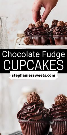 chocolate fudge cupcakes are stacked on top of each other