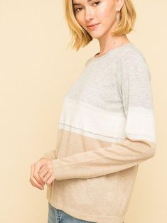 Ivory, Sand, and Grey Colorblock Lightweight Sweater with Metallic Details Fabric & Care 45% Polyester 25% Acrylic 25% Nylon 5% Wool Machine Washable Imported Style #18082 Ivory Blouse, Knit Blouse, Color Block Sweater, Pullover Shirt, Lightweight Sweater, Sweater Blouse, Lightweight Knit, Light Weight Sweater, Fabric Care