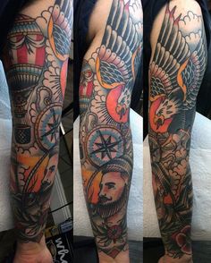 a man's leg with tattoos on it and an eagle in the middle of his arm