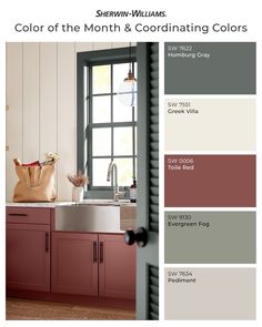 the color scheme for this kitchen is red, white, and gray with brown accents