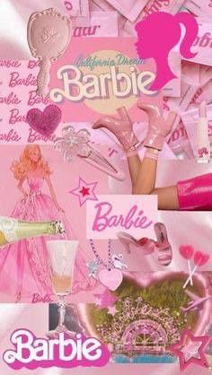 barbie doll collage with pink background and text that says barbie, barbie is the most beautiful girl in the world