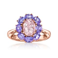 Ross-Simons - 1.10ct Morganite, 1.60ct t. w. Tanzanite Ring in 14kt Rose Gold. Size 6. Bright with a beautiful mix of gems, this statement ring captures a wonderful world of color! A 1.10 carat oval morganite softly sets the stage, as 1.60 ct. t. w. oval tanzanites form an exquisite border that catches the eye. Crafted in polished 14kt rose gold. 1/2" wide. Tanzanite and morganite ring. Morganite Jewelry, Pink Morganite, Tanzanite Ring, Blue Tanzanite, Natural Gold, Pink Topaz, Morganite Ring, Green Peridot, Rare Gemstones