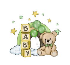 a teddy bear sitting in front of a baby block with balloons and stars on it