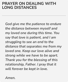 a prayer card with the words prayer on dealing with long distances