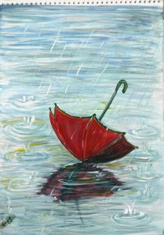 a painting of an umbrella floating in the water