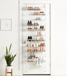 the shoe rack is next to a potted plant in front of a white door