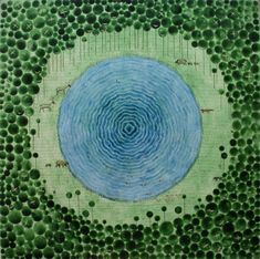 an aerial view of a blue circle surrounded by green trees