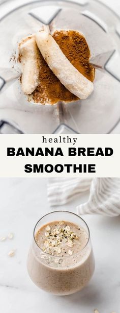 healthy banana bread smoothie in a glass on a plate