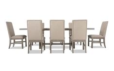 a dining room table and chairs with beige fabric upholstered backrests on an isolated white background