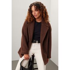 Brown faux shearling (100% Recycled Polyester). Coat. Long sleeves. Collar. Front button closure. 30" from shoulder to hemline. Imported. Shawl Collar Coat, Brown Shawl, Teddy Bear Coat, Statement Jacket, Collar Coat, Rent The Runway, Collared Coat, Closet Designs, Shawl Collar