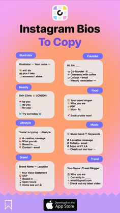 the instagramm bios to copy list is shown in purple and orange colors
