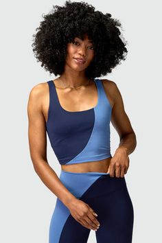 Indie Color Block Crop Tank Midnight Navy Pacific Blue | Spiritual Gangster Blue Athleisure Sports Bra With Scoop Neck, Athleisure Blue Scoop Neck Sports Bra, Blue Scoop Neck Sports Bra For Athleisure, Sleeveless Color Block Athleisure Activewear, Blue Compressive Sporty Tank Top, Blue Scoop Neck Sports Bra For Gym, Blue Sporty Compressive Tank Top, Sporty Blue Compressive Tank Top, Blue Medium Support Sports Bra With Scoop Neck