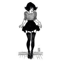 a drawing of a girl in black and white