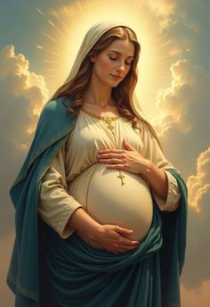 a painting of the virgin mary holding a pregnant baby in her arms with clouds behind it