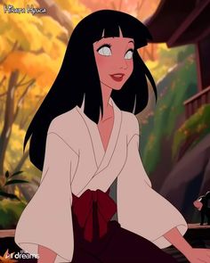 an animated image of a woman with long black hair sitting in front of a forest