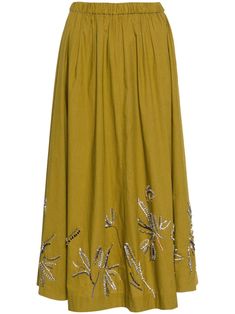 olive green cotton poplin texture elasticated waistband rhinestone and bead embellishment flared skirt ankle-length straight hem Flared Midi Skirt, Cotton Maxi Skirt, Bead Embellishment, Cotton Maxi Skirts, Midi Flare Skirt, City Dress, Cotton Maxi, Summer Beach Wear, Green Skirt